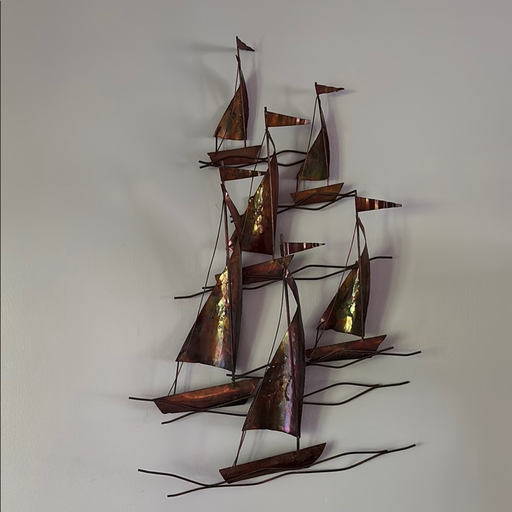 VTG MCM Curtis Jere Style Torch Cut Copper Sailboat Wall Art